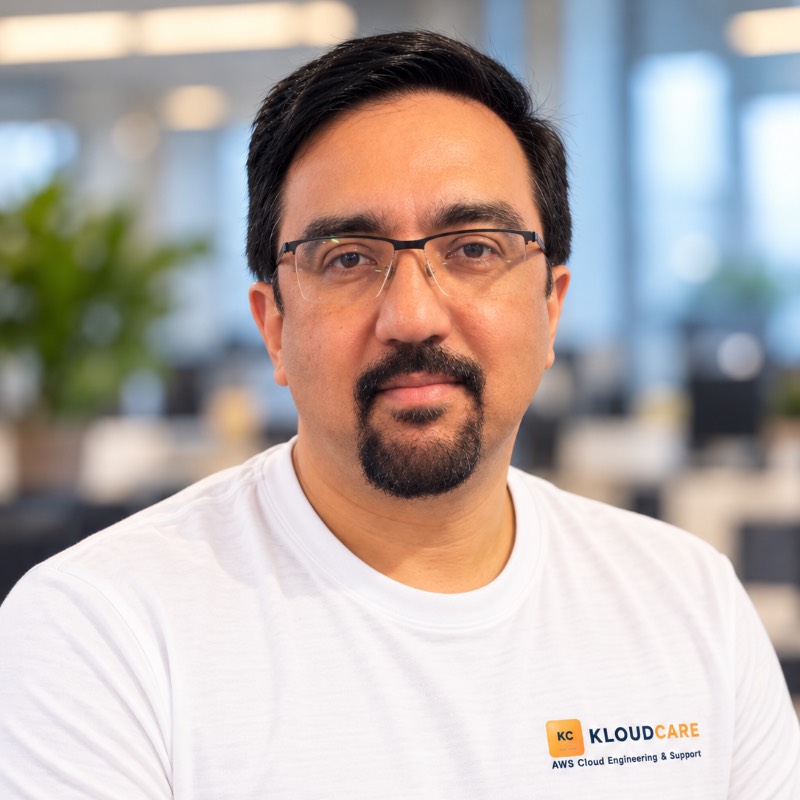 Abrar Aslam, founder of KloudCare, wearing a KloudCare T-shirt